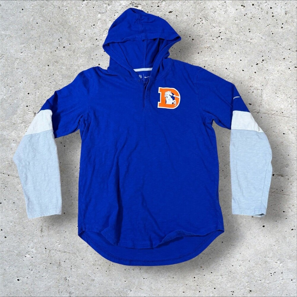 Denver Broncos Nike NFL Henley Hoodie T Shirt Mens Medium Blue Retro D Logo Tee